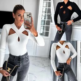 Women's Polos Women Black White Knitted Slim Fit Underlay Top Autumn Winter Fashion Solid T-shirt Hollow Out Halter Long Sleeve Pullovers