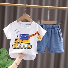Summer Toddler Baby Boys Girls Clothing Sets Cartoon Excavator Cotton T Shirt Denim Shorts Kids Casual Infant Clothes Suits 240514