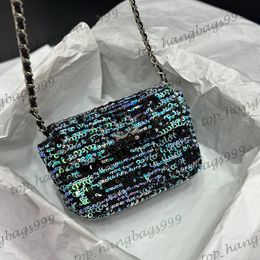 24C Classic Mini Flap Blue Purple Sequins Cosmetic Case Vanity Bags Turn Bucklet Silver Chain Crossbody Handbags Fannny Pack Waist Chest Shimmer Glitter Purse 14CM