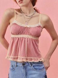 Women's Tanks Women Bowknot Front Crop Top Sweet Slim Cami Tops Camisole Spaghetti Strap Lace Trim Femme Vest Aesthetic Cropped