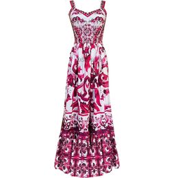 Womens VNeck Red Blue and White Print Spaghetti Strap Holiday Maxi Dress Summer Runway Floral Print Vacation Long Robes 240514