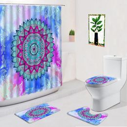 Shower Curtains Colourful Mandala Flower Ethnic-Style Floral Bathroom Decor Non-Slip Carpet Toilet Foot Pad Doormat Bath Mat Sets