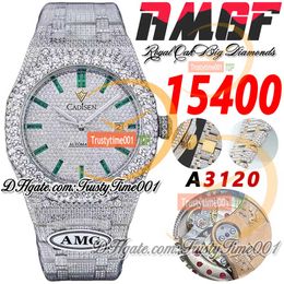 AMG 15400 A3120 Automatic Mens Watch Big Diamond Bezel Paved Diamonds Dial Green Baguette Markers Steel Bracelet Super Edition Trustytime001 Iced Out Full Watches