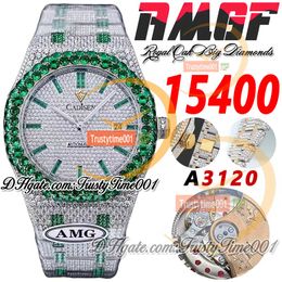 AMG 15400 A3120 Automatic Mens Watch Green Big Diamond Bezel Paved Diamonds Dial Baguette Markers Two Tone Steel Bracelet Super Trustytime001 Iced Out Full Watches