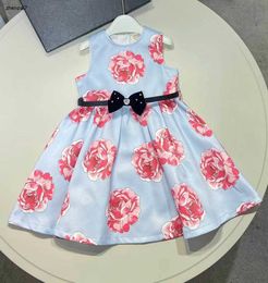 Top girl dress Leather bow waistband child skirt Size 110-160 designer baby dresses 3D floral printing kids frock Jan20