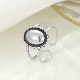 Cluster Rings Unique Double-Layer S925 Silver Oval Ring With Retro Shiny Texture For Women's Fashion Jewelry