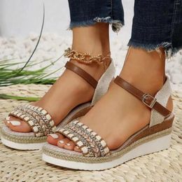 Sandals Ladies Weave Open Toe Buckle Summer Slope Heel Thick Soled Wedges Roman Retro Shoes Women'S
