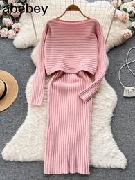 Work Dresses Winter Women Knitted Sets Fashion Breading Long Sleeve Sweater Camis Dress Suits Outfits