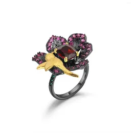 Cluster Rings Awe For Nature Fashion Cute Flower Gold Plated Bird Natural Garnet Gemstone 925 Sterling Silver Jewelry Women