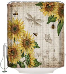 Shower Curtains Bathroom Waterproof Retro Farmhouse Sunflowers And Honey Bee Vintage Bath Curtain