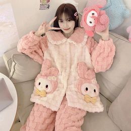 Women's Sleepwear Coral Fleece Women Thick Cotton Lapels Cartoon Sweet Flannel Loungewear Casual Warmth Female Sets