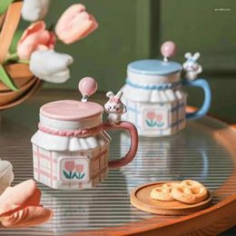 Mugs Blue Ceramic Coffee Mug Tulips With Lid Spoon 350ML Cute Water Cup Milk Juice For Breakfast Office Afternoon Tea Gifts