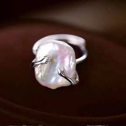 Baroque Pearl Ring مزاج مصباح مربع فاخر مفتوح الحلقة الفضية الاسترليني للنساء