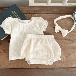 Clothing Sets Baby Girls Cotton Clothes Summer Outfit Newborn Infant Puff Short Sleeve White Tee + Solid Shorts Sets with Lace Bow Headbands