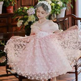 Girl's Dresses Girls 2024 Summer Childrens Fashion Butterfly Lace Round Neck Suspended Dress Princess Dress Baby Clothes 3-7 Years Old Y240514