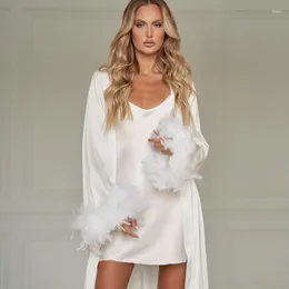 Home Clothing Autumn And Winter Light Luxury White Feather Comfortable Loose Strap Nightgown Two-Piece Cross-Border Wear Wh