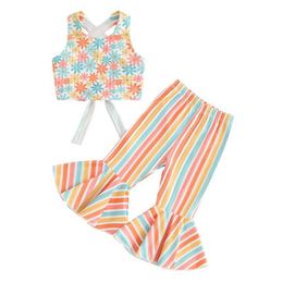 Clothing Sets 1-5years Toddler Girl Pants Set Floral Print Sleeveless Crop Tank Tops With Stripe Flare Pants Kids Girls 2pcs Outfit