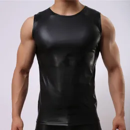 Men's Tank Tops Sexy Men Faux Pu Leather Top Vest Wet Look Breathable Underwear Sleeveless Sissy T-shirt Homme Elastic