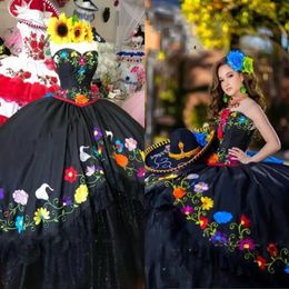 Black Mexican Style Quinceanera Dresses Charro 2023 Flowers Embroidered Lace Layers Tulle Satin prom vestidos para xv anos 282g