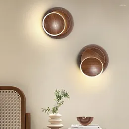 Wall Lamp 360° Rotating Eclipse Lamps Solid Wood Textured Bedroom Bedside Minimalist Modern Living Room Moon Shadow Lights