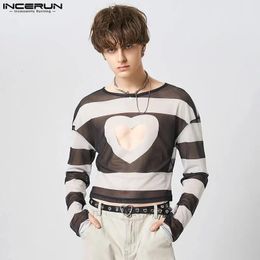 INCERUN Tops American Style Mens Hollowed-out Love Pattern Camiseta Fashion Casual Printed Long-sleeved T-shirts S-5XL 240514