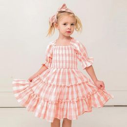 Girl Dresses Toddler Dress 6 To 7 8 9 10 11 12 Years Pink White Plaid Kids Children For Girls Ruffles Sleeves Knee Length