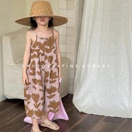 Trousers Wide Leg Pants Childrens Clothing Girls Korean Summer Sling Jumpsuit 2024 Square Collar Fashion Printing Button