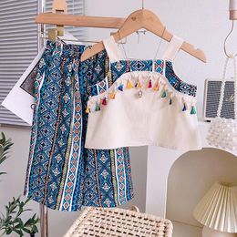 Clothing Sets 2024 Summer Style Girls Clothes Suits Lace Embroidered Square Collar Doll Shirt Flower Pants 2pcs Set