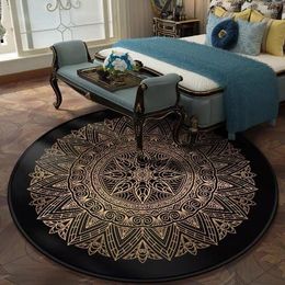 Carpets Retro Black And Gold Flowers Round Carpet Lotus Chair Floor Mat Soft For Living Room Anti-slip Rug Bedroom Decor