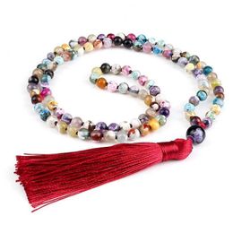 Beaded Necklaces 108 Mara Natural Stone Necklace 6mm Multi Colour Fire Agate Handmade Beaded Red Tassel Long Necklace Womens Charm Jewellery d240514