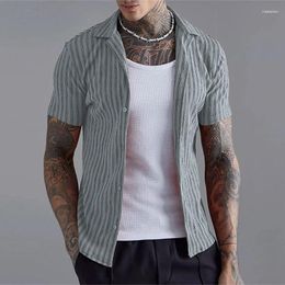 Men's Casual Shirts 2024 Summer Striped Short Sleeve Buttoned Lapel Shirt Men Tops Stylish Slim Cardigan Male Streetwear