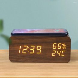 Clocks Accessories Digital Alarm Clock Temperature And Humidity LED Electronic Smartphone Wireless Charger (Wood Color)