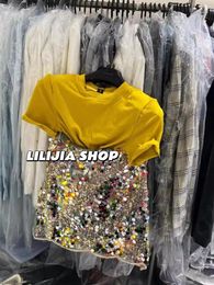 Work Dresses Summer Fashion Solid Colour Short Sleeve T-shirt Top Spicy Girl Hip Wrap Sequin Half Skirt Set Two Piece Sets Women Outfits