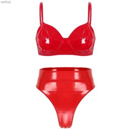 Bras Sets Womens Underwear Set Rave Wet Look Patent Leather Padless Abdominal Bra Top with High Waist Fabric XW