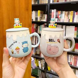 Mugs Korean Cartoon Cute Hippo Ceramic Cup With Spoon Cover Original Coffee Cups Beer Mug For And Tea Drinkware