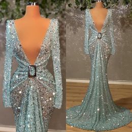 Light Blue Sparkly Sequined Mermaid Evening Dresses African Bling Bling V Neck Long Sleeve Party Gowns Aso Ebi Prom Dress 210W