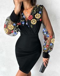 Casual Dresses Women's Sexy Floral Embroidery Party Dress Temperament Commuting Semi-Sheer Mesh Patch Female V-Neck Skinny Elegant Mini