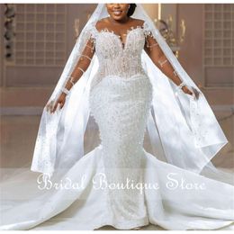 Luxuriöse Plus -Größe glitzernde Brautkleider mit Schleierperlen Applikationen reine Ärmeln Perlen Kristalle Hochzeitskleid Vestido de Novia