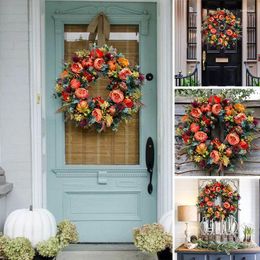 Decorative Flowers Autumn Door Wreath Christmas Halloween Decoration Pumpkin Berry Pine Cone Maple Artificial Cloth Rattan Hanging Garden