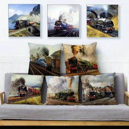 Pillow Hand Painted Train Print Cover 45 Square Linen Covers Throw Pillows Cases Car Sofa Home Decor Pillowcase