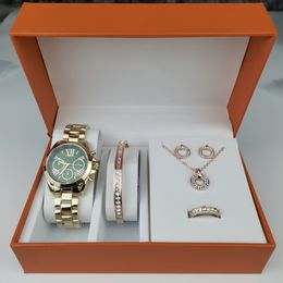 Women's watch jewelry gift box 5 pieces, fashion design trend matching, stainless steel strap, diamond inlaid jewelry
