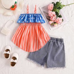 Clothing Sets Toddler Girls Sleeveless Summer Independence Day Outfits Clothes Star Striped Prints Vest Tops Denim Shorts Two Pieces Outfits