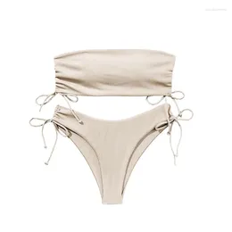 Women's Swimwear Cikini-Ribbed Bikini Set For Women Drawstring Side Bandeau Top Tie Bottom 2 Piece Bathing Suit