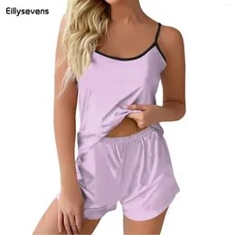 Home Clothing Oversize Suspender Pyjamas Set Summer Female Pijamas Suit Pink Silk Satin Cami Shorts Sleepwear Loose Homewear 2024