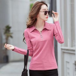 Women's Polos Korean Style Cotton Polo Shirts Women Fashion Long Sleeve Candy Color Zipper Turn Down Neck T Shirt For 2024
