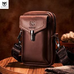 BULLCAPTAIN Crazy Horse Leather Mens Waist Bags Multifunctional 7-inch Mobile Phone Bag Male Shoulder Messenger Bages Brown 240510