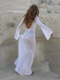 Casual Dresses RYFIX Maxi Long Sleeve Women Dress Backless Party Club See Through Mesh 2024 Summer Sexy Beach Bodycon Dresse