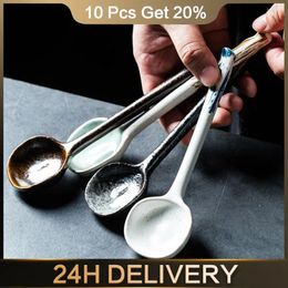 Spoons Milk Spoon High Temperature Firing Creative Dessert Tableware Rice Round Head Retro Quality Soup Elegant