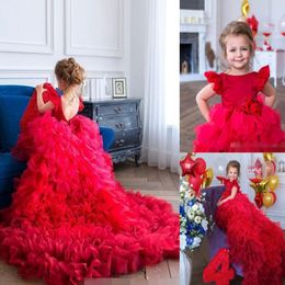 2021 Red Flower Girls' Dresses Pageant Ball Gown Ruffles Short Sleeves Jewel Neck Tiered Skirt Organza Handmade Flowers Birthday P 233t