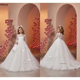 Adorable 3D Handmade Flowers Princess Ball Gown Kids Birthday First Communion Dresses Sleeves Lace Tulle A Line Flower Girl Wedding Long Formal Dress Cl2416 0514